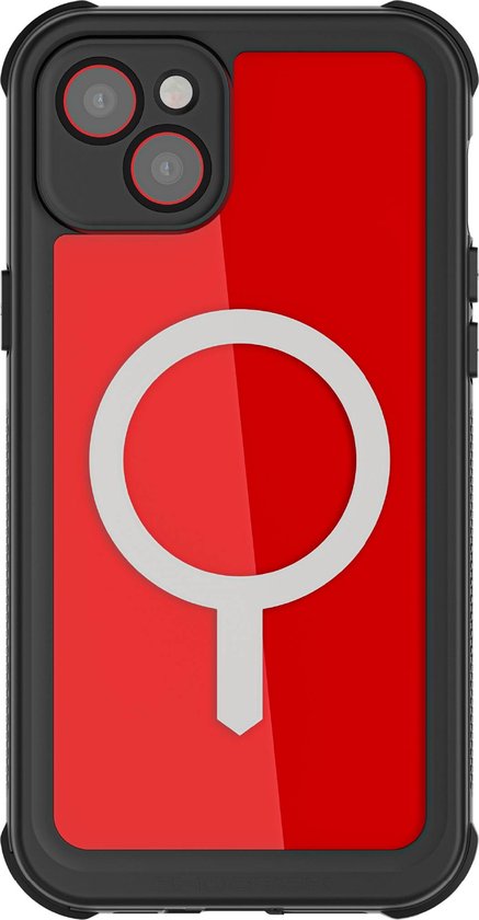 Zwart en rood telefoonhoesje met een witte magnetische oplaadring op de achterzijde.