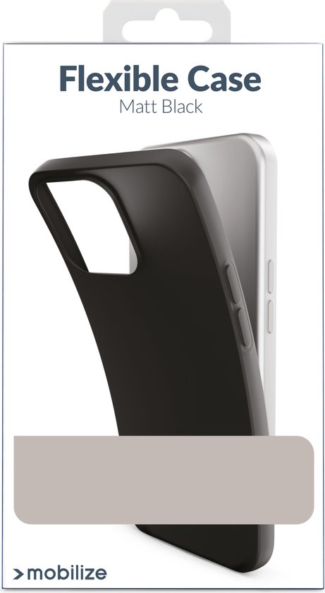 Emballage montrant une coque 'Flexible Case Matt Black' et une variante transparente sur le devant.