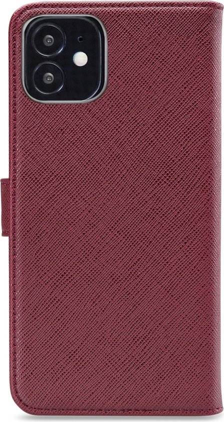 Étui portefeuille bordeaux texturé pour iPhone 12 Mini, avec fermeture magnétique.