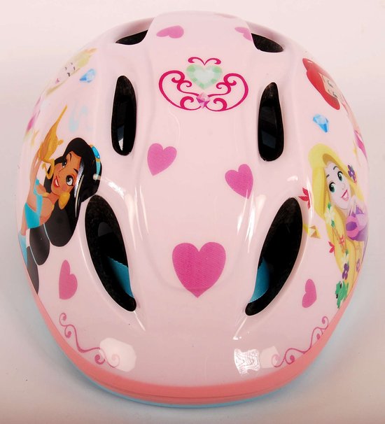 Roze kinderhelm met afbeeldingen van Disney prinsessen Jasmine en Aurora, met harten en een kroontje. Blauwe rand.