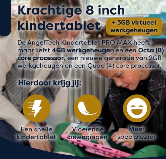 AngelTech Kindertablet PRO MAX - 4+3GB RAM - 64+64 GB - Android 14 - Snelle 8 Inch Kindertablet - Vanaf 3 Jaar - Perfect Voor School - Ouderlijk Toezicht - Ook Voor Volwassenen - 360° Fidgy Beschermhoes - Blauw