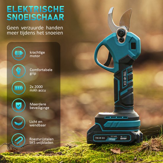 Trimmex® Elektrische Snoeischaar - 32mm Snijdiameter - Accu Snoeischaar - Takkenschaar - Heggenschaar - Incl. olie reservoir, slijpsteen, Opbergkoffer, 2 Accu’s - Blauw van Merkloos	 — afbeelding 2