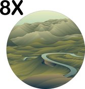 BWK Stevige Ronde Placemat - Getekende Lange Kronkelende Weg door Bergen - Set van 8 Placemats - 50x50 cm - 1 mm dik Polystyreen - Afneembaar