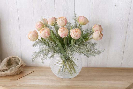 WinQ- Roze Tulpen met groen- Boeket kunst Tulpen 38cm - Inclusief glasvaas- 14 tulpen - Kunstbloemen - zijden bloemen