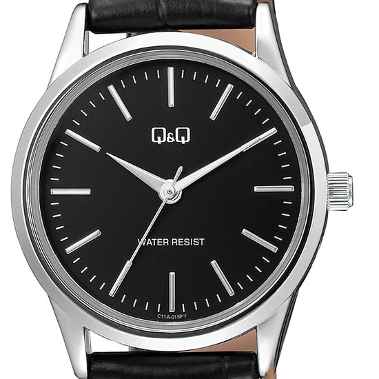 Q&Q C11A-015PY - Montre - Analogique - Femme - Dame - Bracelet cuir - Ronde - Métal - Chiffres - Zwart - Argent - 3 ATM