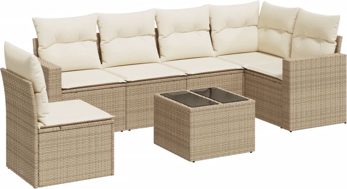vidaXL 7-delige - Loungeset - met - kussens - poly - rattan - beige