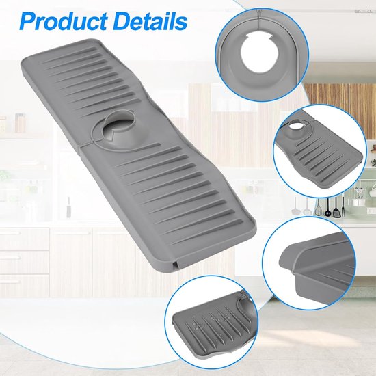 Volminex Siliconen Waterkraanmat met Bevestigingsknop, Spatbescherming voor Gootsteen, Opvouwbare Kraan Handvat Druppelvanger, Afdruipmat voor Werkblad Beschermen in Keuken en Badkamer (Grijs, 60 cm