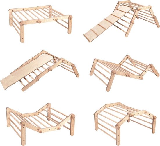 Een reeks configuraties van een houten klimrek met een glijbaan.