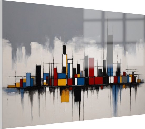 Skyline Piet Mondriaan stijl schilderij - Piet Mondriaan muurdecoratie - Glasschilderijen skyline - Modern schilderij - Schilderij acrylglas - Decoratie woonkamer - 120 x 80 cm 5mm