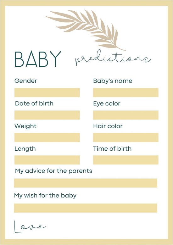 Jeux baby shower - Cartes à remplir Baby shower - Cartes de prédiction Baby shower - Grossesse - Bébé - Spellen - Enceinte - A5 - Carton