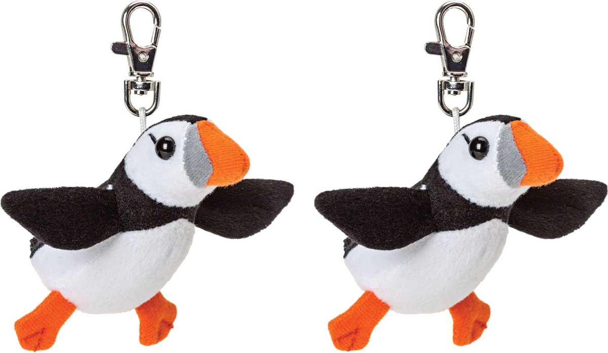 Suki Gifts Pluche knuffeldier Papegaaiduiker vogel sleutelhanger - 2x - zwart/wit - 9 cm - clip sluiting