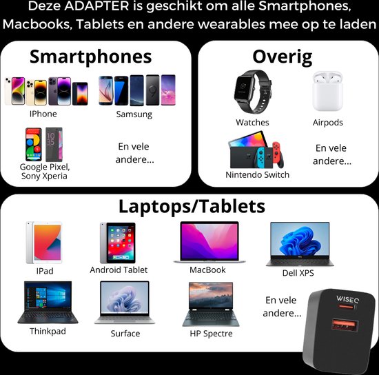 Chargeur Ultra rapide WiseQ 33 W - Double chargeur rapide Portes USB A et USB C - Convient pour Samsung, Huawei, Oppo, iPhone 15 et MacBook - Comprend USB-C de 1,2 m - Câble USB C - Zwart Premium