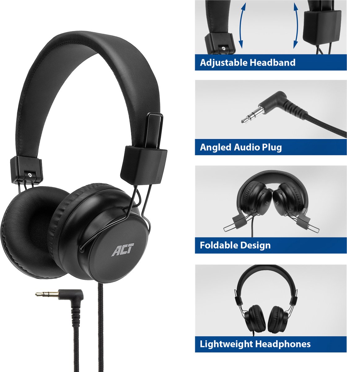 ACT Koptelefoon met draad 1,5m | Opvouwbare hoofdtelefoon met kabel | 3,5mm audiokabel | AC9300 – foto 3