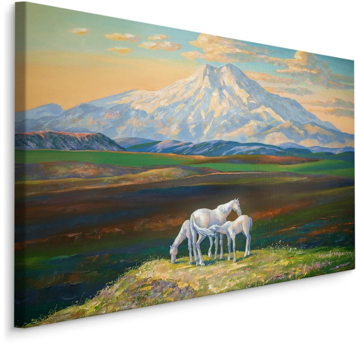 karo-art Schilderij - Paarden met op de achtergrond Bergen, Premium Print Multikleur