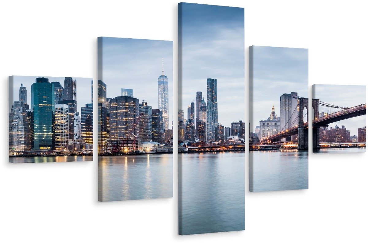karo-art Schilderij - Panorama New York City Skyline, NYC, 5 luik, Premium print Multikleur