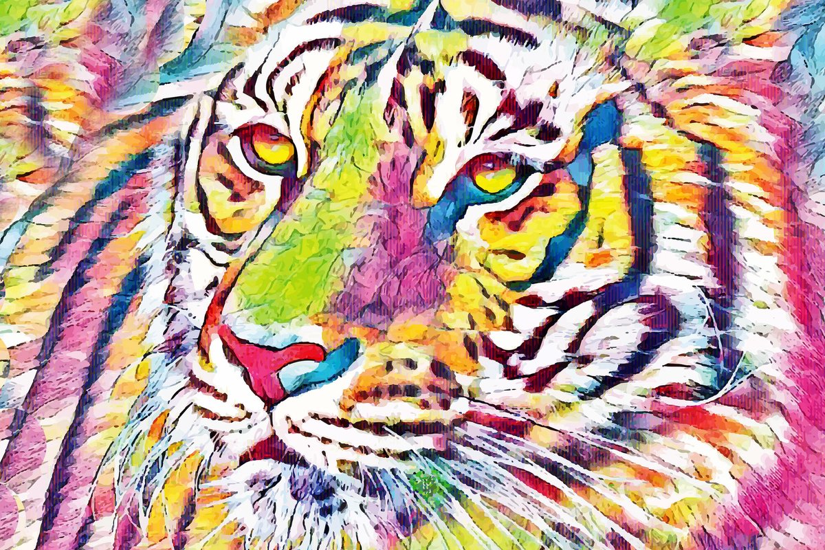 karo-art Schilderij - Tijger Illustratie, Multikleur, Sierraad voor aan de muur, Premium Print