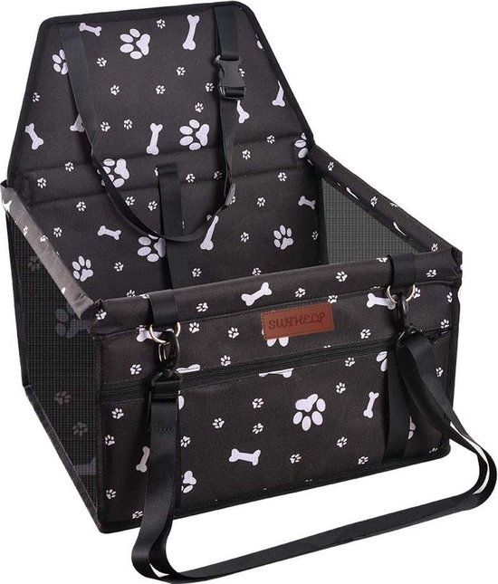 Un panier de voiture pour chien avec un motif d'empreintes de pattes et d'os blancs, doté d'une étiquette marron avec le texte 'SWIHELP'.
