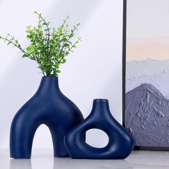 Blauwe keramische vaas set van 2 - moderne woondecoratie vazen ​​voor pampasgras en bloemen in Scandinavische minimalistische stijl - perfect voor woonkamer, bruiloft, eettafel, feest, kantoor, slaapkamerdecoratie