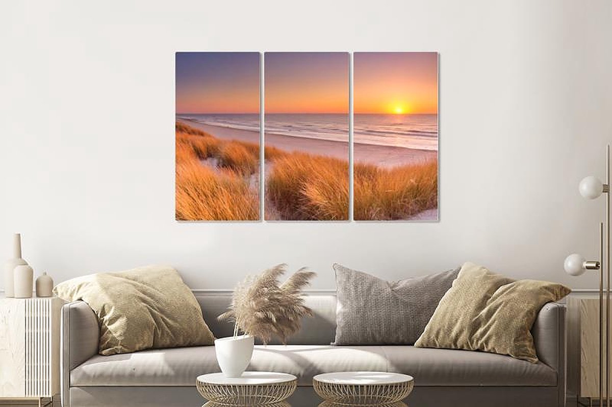 karo-art Schilderij - Duinen en strand bij zonsondergang Texel, 120x80cm , 3 luik , Wanddecoratie Multikleur