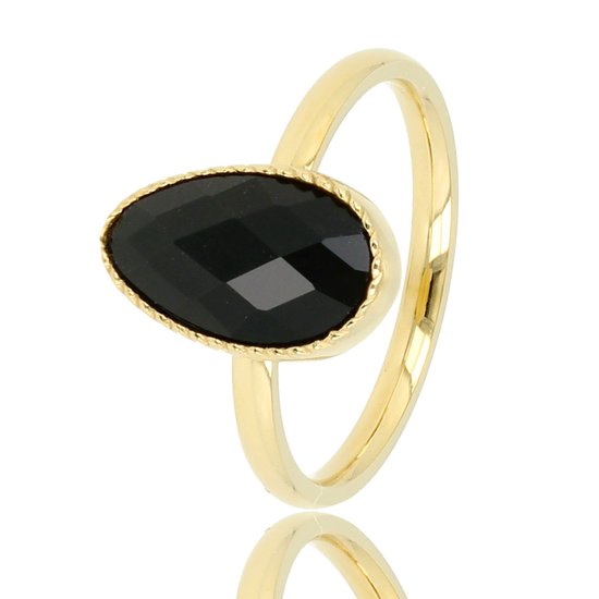 My Bendel - Goudkleurige ring met getwist randje en zwarte glassteen - Goudkleurige ring met getwist randje en zwarte glassteen - Met luxe cadeauverpakking