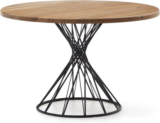 Kave Home - Ronde tafel Niut in massief acaciahout en zwarte stalen poten Ø 120 cm