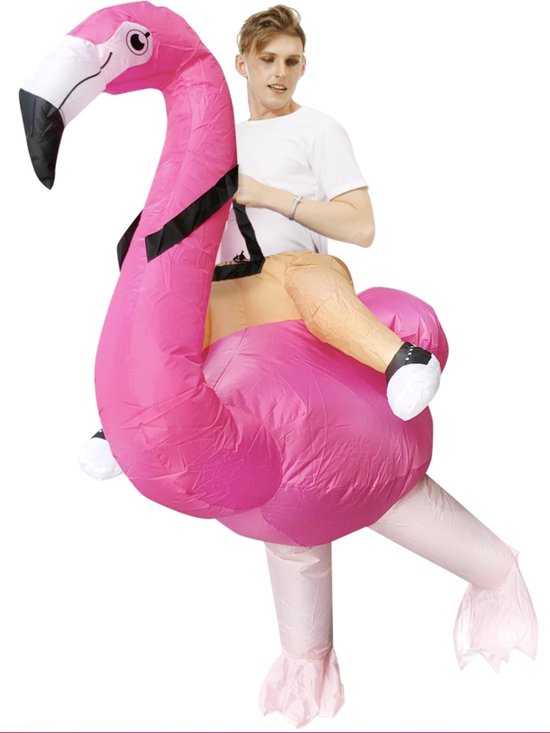 KIMU® Opblaas Kostuum Rijdend op Flamingo - Opblaasbaar Pak - Flamingopak Mascotte Opblaaspak - Opblaasbare Flamingo Vogel Roze Dames Heren Festival