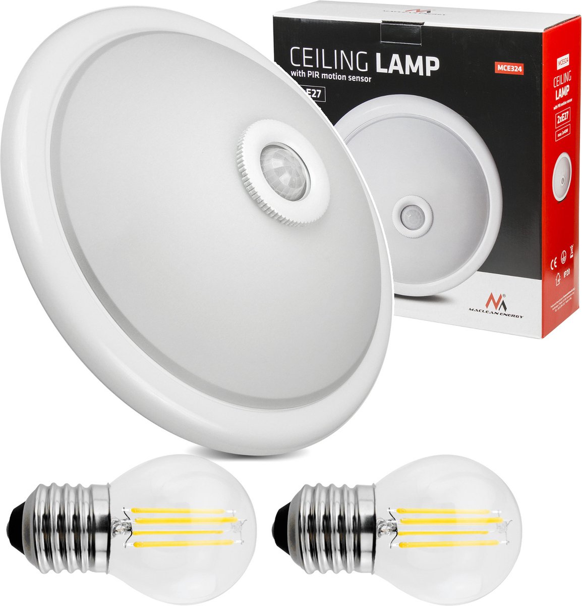 Maclean - Plafondlamp met een PIR bewegings- en schemersensor + 2 E27 6W gloeilampen LED - 40W, E27, 220-240V~ 50/60Hz