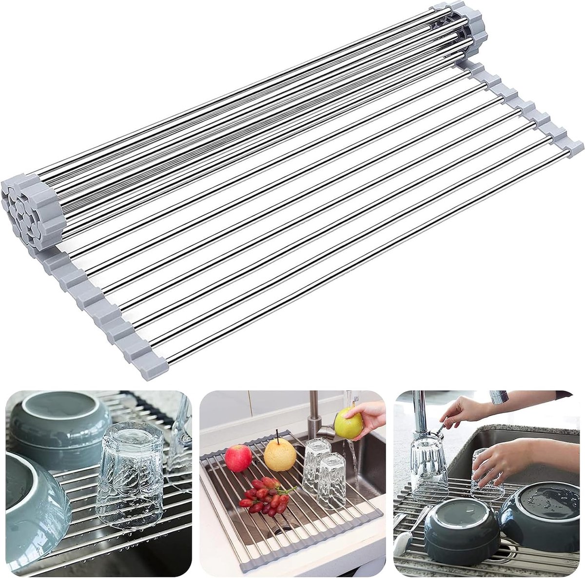 Goedkoopste Opvouwbaar afdruiprek voor de spoelbak, 43 x 35 cm, roestvrij staal, voor het drogen van fruit, groenten en serviesgoed (grijs).