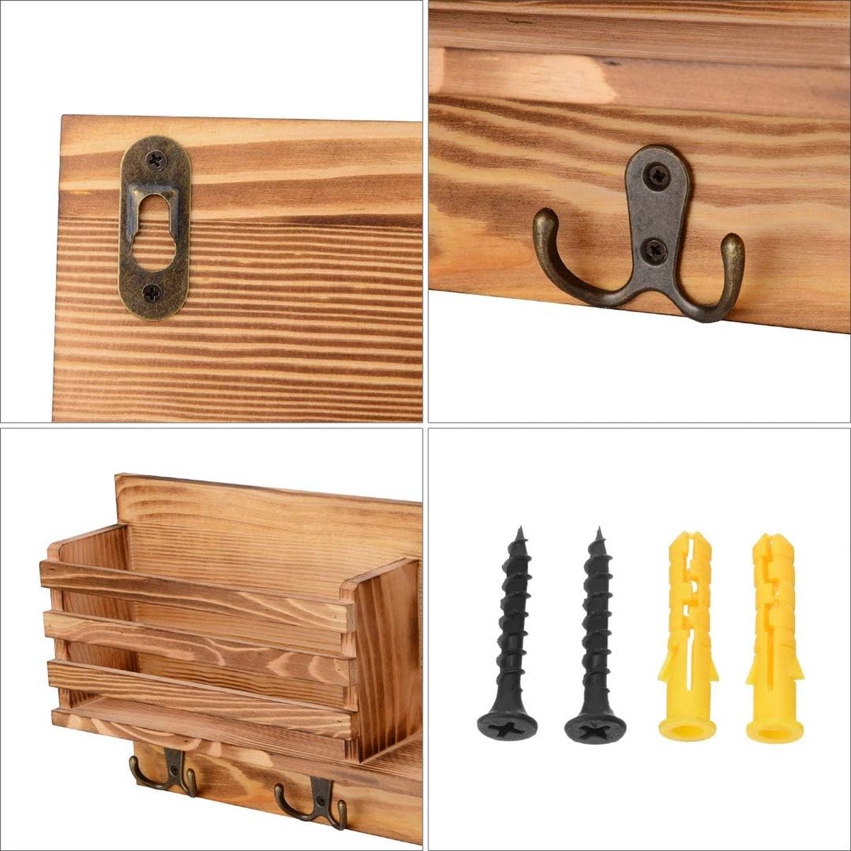 Sleutelrek met plank, sleutelrek voor aan de muur, wandrek van hout