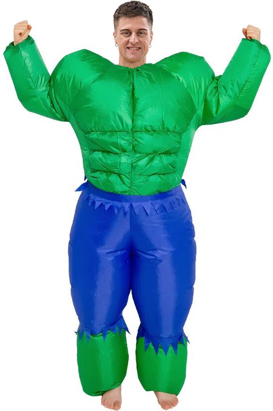 KIMU® Opblaas Kostuum Hulk Groen - Opblaasbaar Pak Mascotte Opblaaspak - Opblaasbare Superheld Comic Held Gespierd Dames Heren Festival