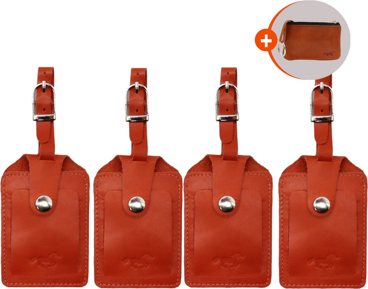 Bol.com Kofferlabels - 4 stuks - bagagelabels - 1 sleuteletui - leer - oranje aanbieding