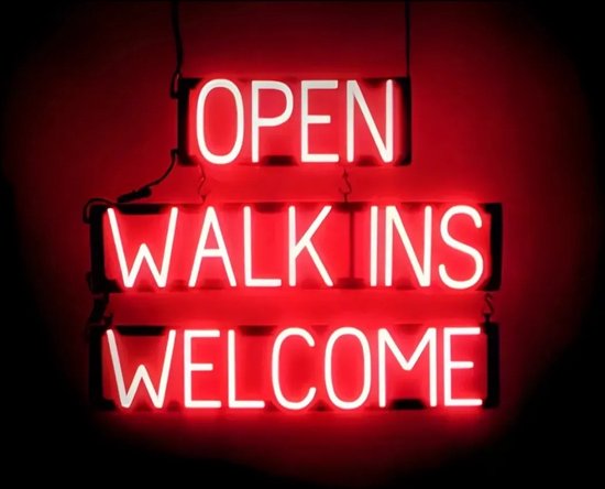 OPEN WALK INS WELCOME - Lichtreclame Neon LED bord verlicht | SpellBrite | 76 x 60 cm | 6 Dimstanden - 8 Lichtanimaties | Reclamebord neon verlichting