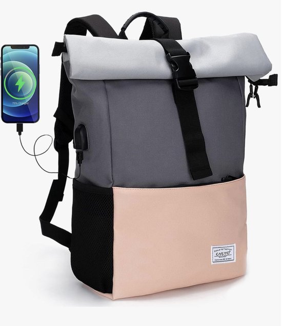 rugzak rolltop groot dames heren, schoolrugzak veel vakken met 15,6"laptopvak,... bol