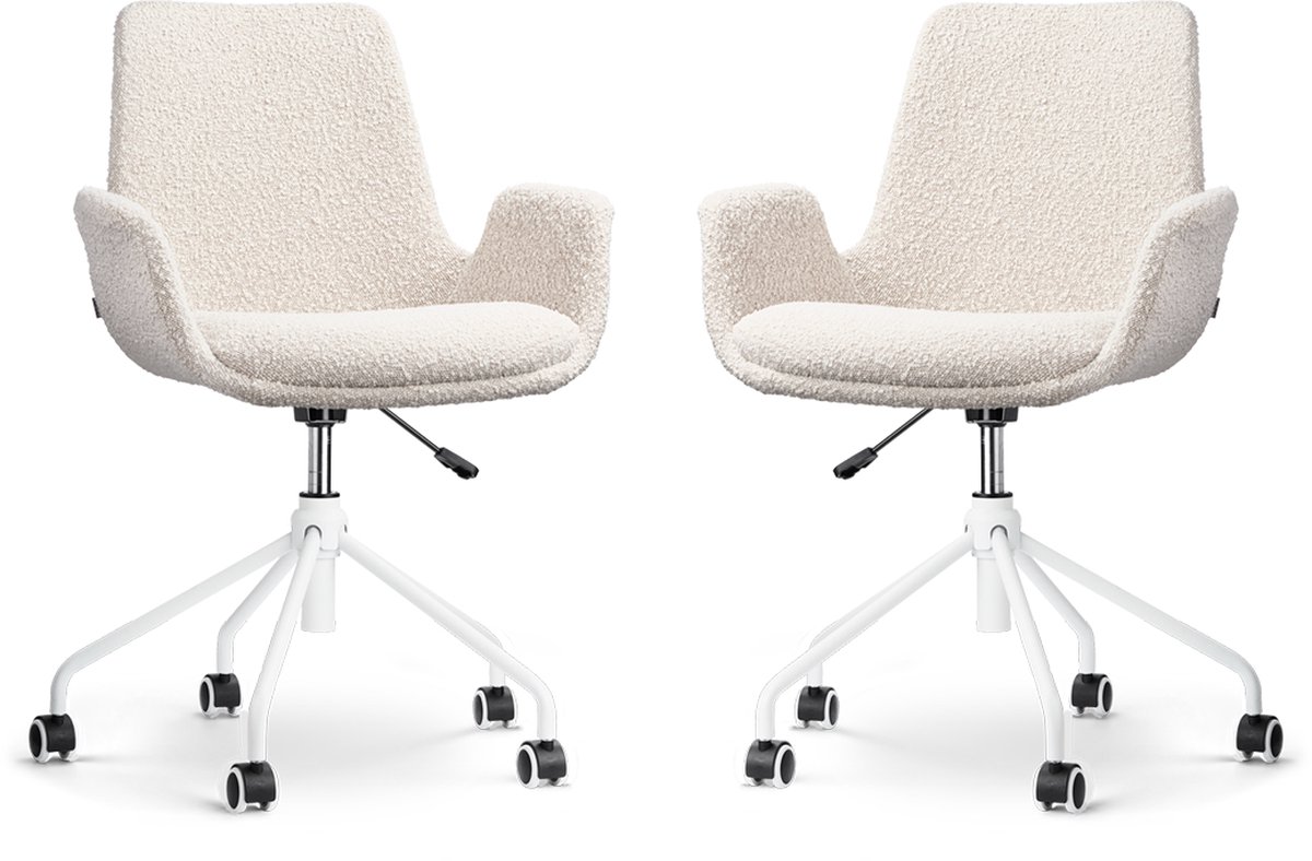Nolon Nout-Eef Bureaustoelen Set van 2 Bouclé Beige - Stof - Verstelbaar - Wielen - Wit Onderstel - Lage Armleuning - Modern - Design Bouclé - Beige - Wit onderstel