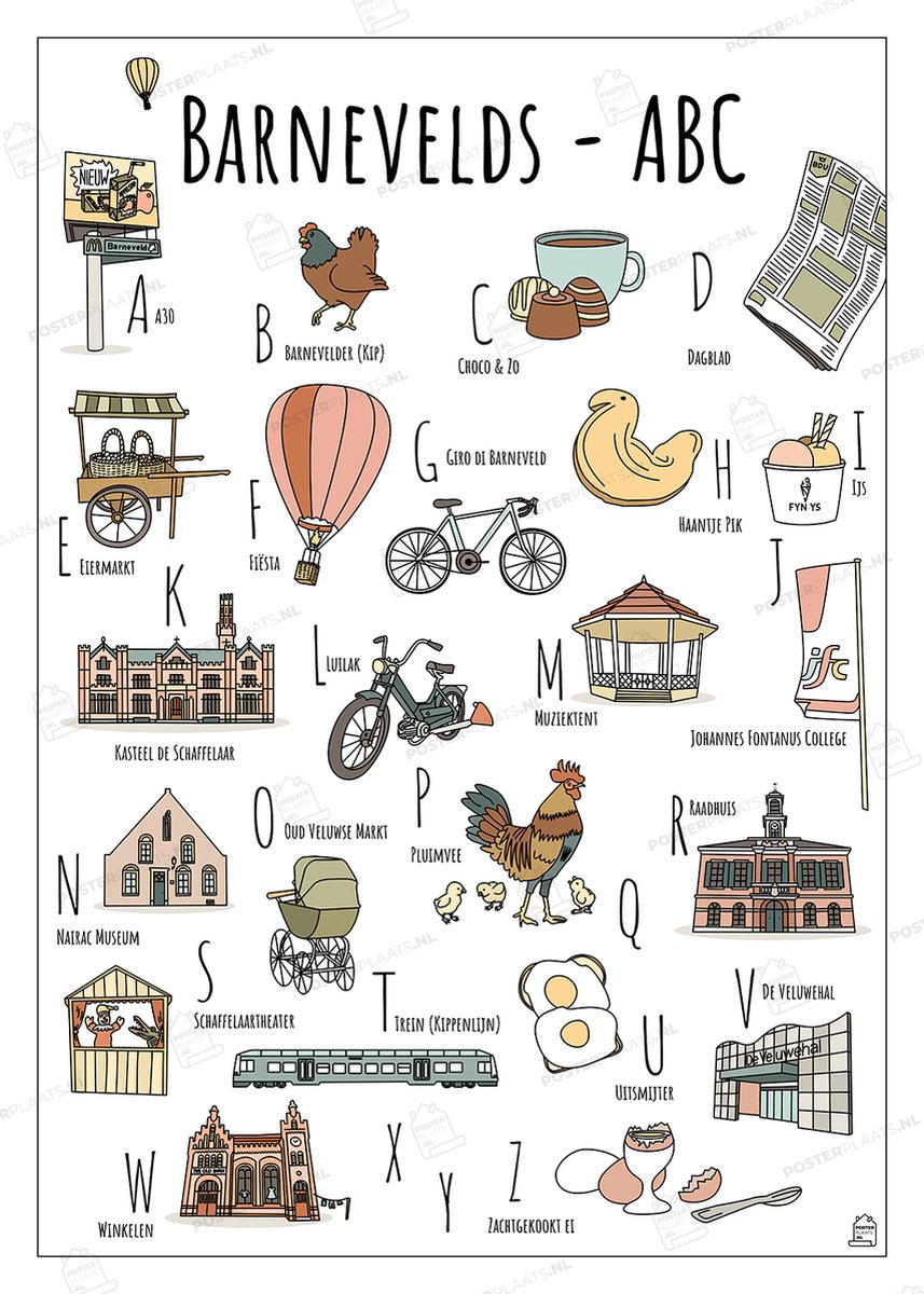 ABC Poster Barneveld - 50 x 70 cm - Educatieve Letterposter met Handgetekende Illustraties - Kinderkamer & Wanddecoratie - Woondecoratie - Relatiegeschenk
