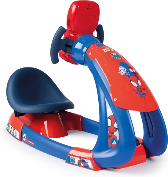 Rode en blauwe Spidey V8 Driver race simulator met Spiderman afbeeldingen, zonder kind.