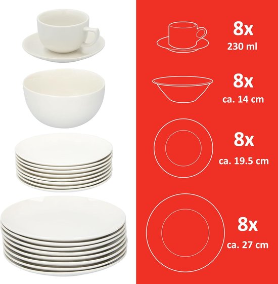 Servies - servies 40 stuks - 8 personen - porselein - inclusief borden, dessertborden, kommen, schotels en kopjes - wit