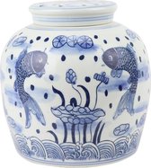 Fine Asianliving Chinese Gemberpot Porselein Blauw Wit Koi Vissen Handgeschilderd D23xH23cm