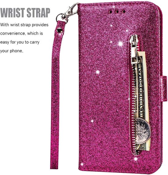 Étui portefeuille - Étui portefeuille - Fermeture éclair à Glitter scintillantes - Étui de téléphone avec Kord Convient pour : Samsung Galaxy A34 4G & 5G - Rose