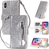 Portemonnee Hoesje - Wallet Case - Rits Sparkly Glitter - Telefoonhoes met Kord Geschikt voor: Apple iPhone X / XS - Zilver