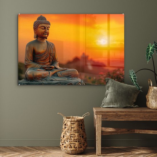 MuchoWow® Peinture sur verre 120x80 cm - Peinture sur verre - Bouddha - Image - Coucher de soleil - Bouddha - Zen - Japon - Photo sur verre acrylique - Décoration murale salon - Décoration murale chambre - Peintures