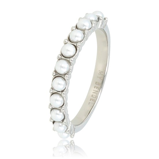 My Bendel - Ring zilverkleurig met kleine witte parels - Zilverkleurige aanschuifring met kleine witte parels - Met luxe cadeauverpakking