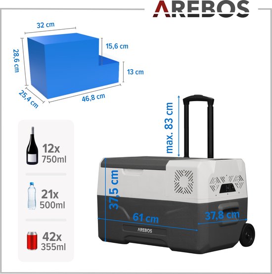 AREBOS Compressor Koelbox - Koelbox Elektrisch 12V 230 Volt - Koelbox Auto - 27L - Temperatuurregeling via APP of LCD-touchscreen - met wielen van AREBOS — afbeelding 5