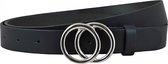 Landley Zwarte Dames Riem met Dubbele Ringen Gesp - Zilveren Ringen - 3 cm breed - Echt Leer - Zwart / Zilver - Lengte totaal 115 cm / Riemmaat 95