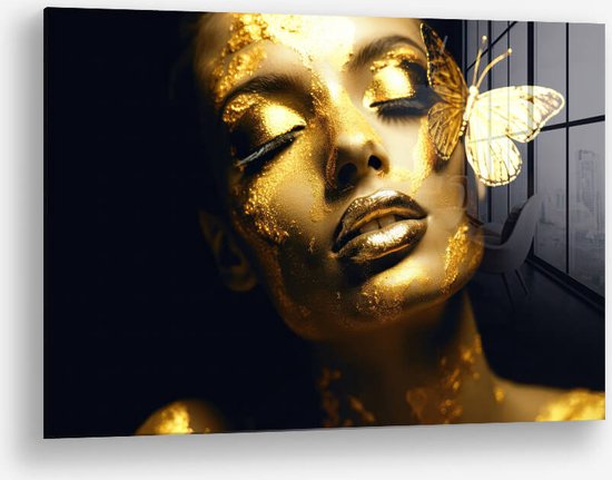 Wallfield™ - Butterfly Woman (Gold) | Glasschilderij | Muurdecoratie / Wanddecoratie | Gehard glas | 40 x 60 cm | Canvas Alternatief | Woonkamer / Slaapkamer Schilderij | Kleurrijk | Modern / Industrieel | Magnetisch Ophangsysteem