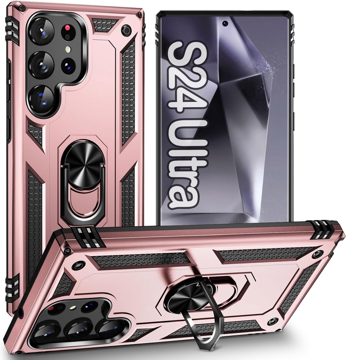 Anti-Shock Hybrid Ring Armor Hoesje Geschikt voor: Samsung Galaxy S24 Ultra - Rosegoud