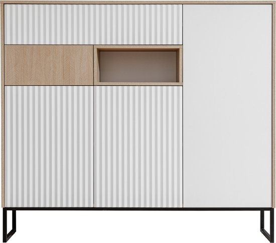 Dressoir - Ladenkast - Zoe 3D2S - Laden - Planken - Metalen poten - Visgraat - Wit - Naturel - 148,5 cm