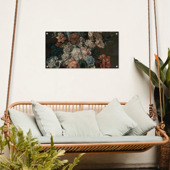 Affiche de jardin Nature morte aux fleurs - Peinture de Cornelia van der Mijn - 80x40 cm - Décoration murale Extérieur - Affiche de jardin - Toile de jardin - Affiche de clôture - Peinture de jardin