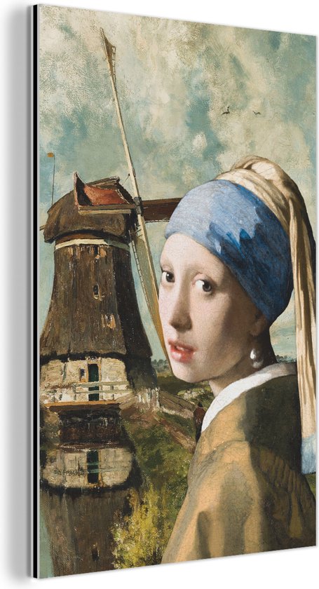Décoration murale Métal - Peinture Aluminium Industriel - Fille à la boucle d'oreille en perle - Johannes Vermeer - Moulin - 100x150 cm - Dibond - Photo sur aluminium - Décoration murale industrielle - Pour le salon/chambre