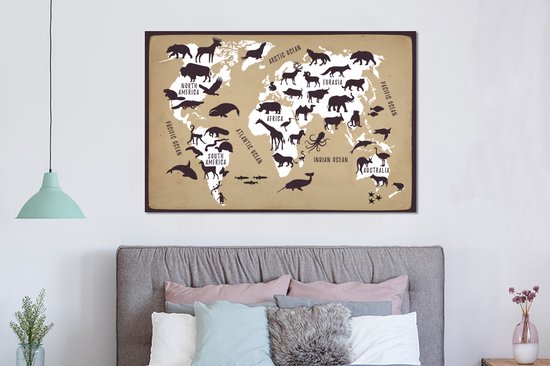 Décoration murale Métal - Peinture Aluminium - Wereldkaart - Animaux - Marron - 150x100 cm - Dibond